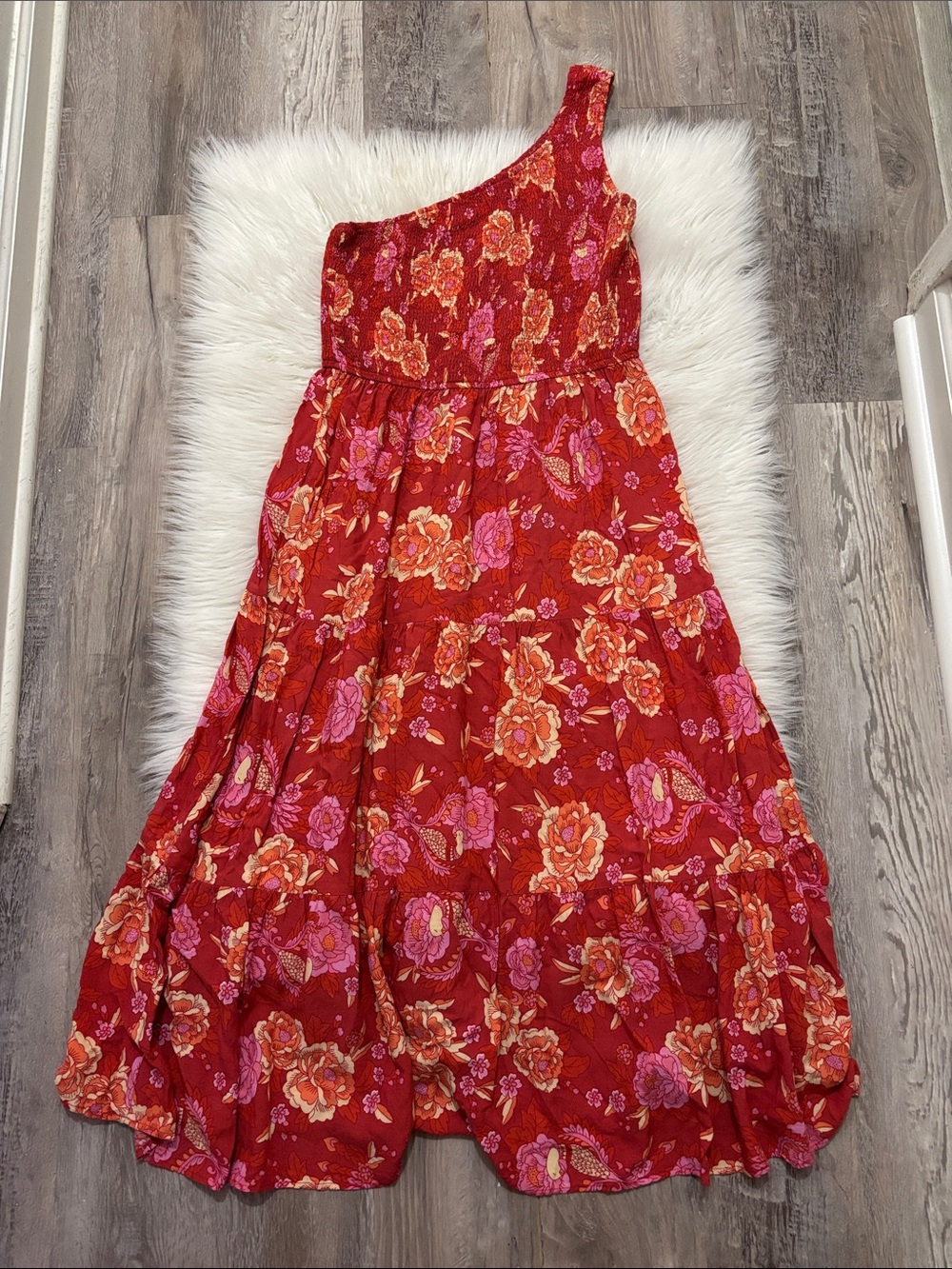 Zesica One-Shoulder Red Floral Maxi Dress Size L